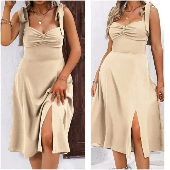 Plus Rust Solid Shoulder tie Sweetheart neck Cami Midi Dress - Picture 4 of 7